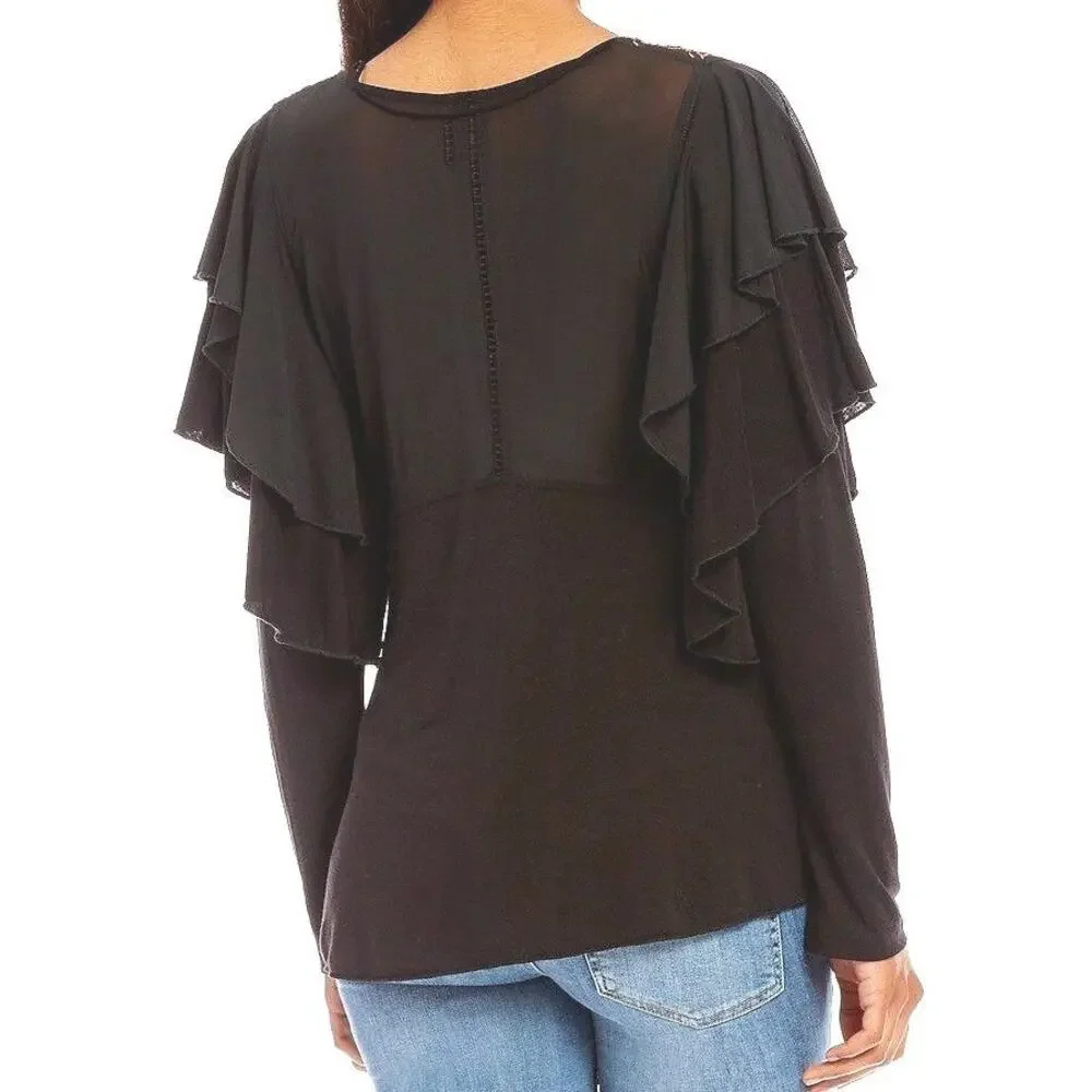 Free People Black Embroidered Ruffle Sleeve Mesh Yoke Top‎ OB651125 Size S NEW